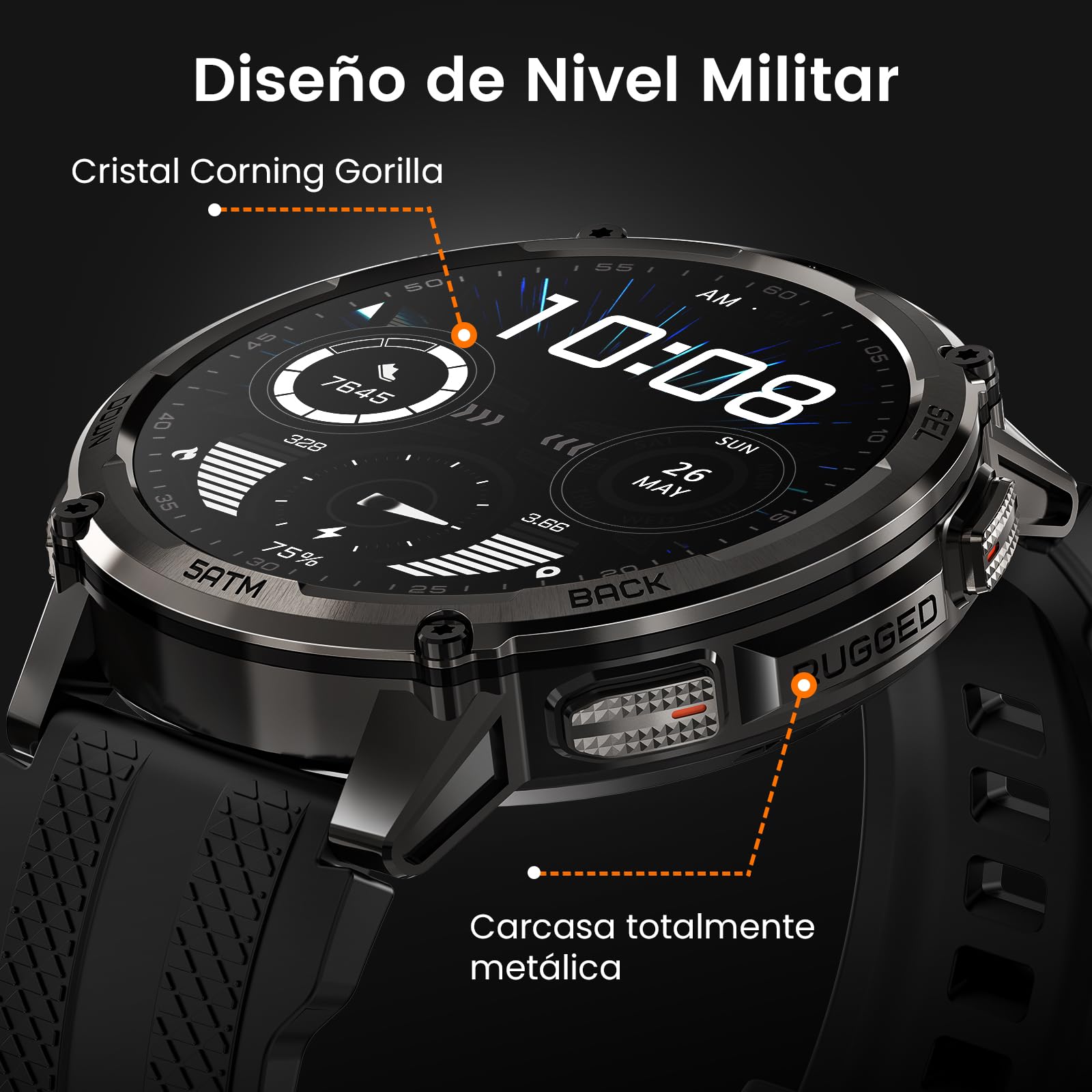 KOSPET Tank T4C Reloj Inteligente Hombre con LED, Pantalla AMOLED 1,5”, GPS Doble Banda y Brújula, Batería 50 Días, Frecuencia Cardíaca y Sueño 24/7, Resistente 50 m, Llamadas