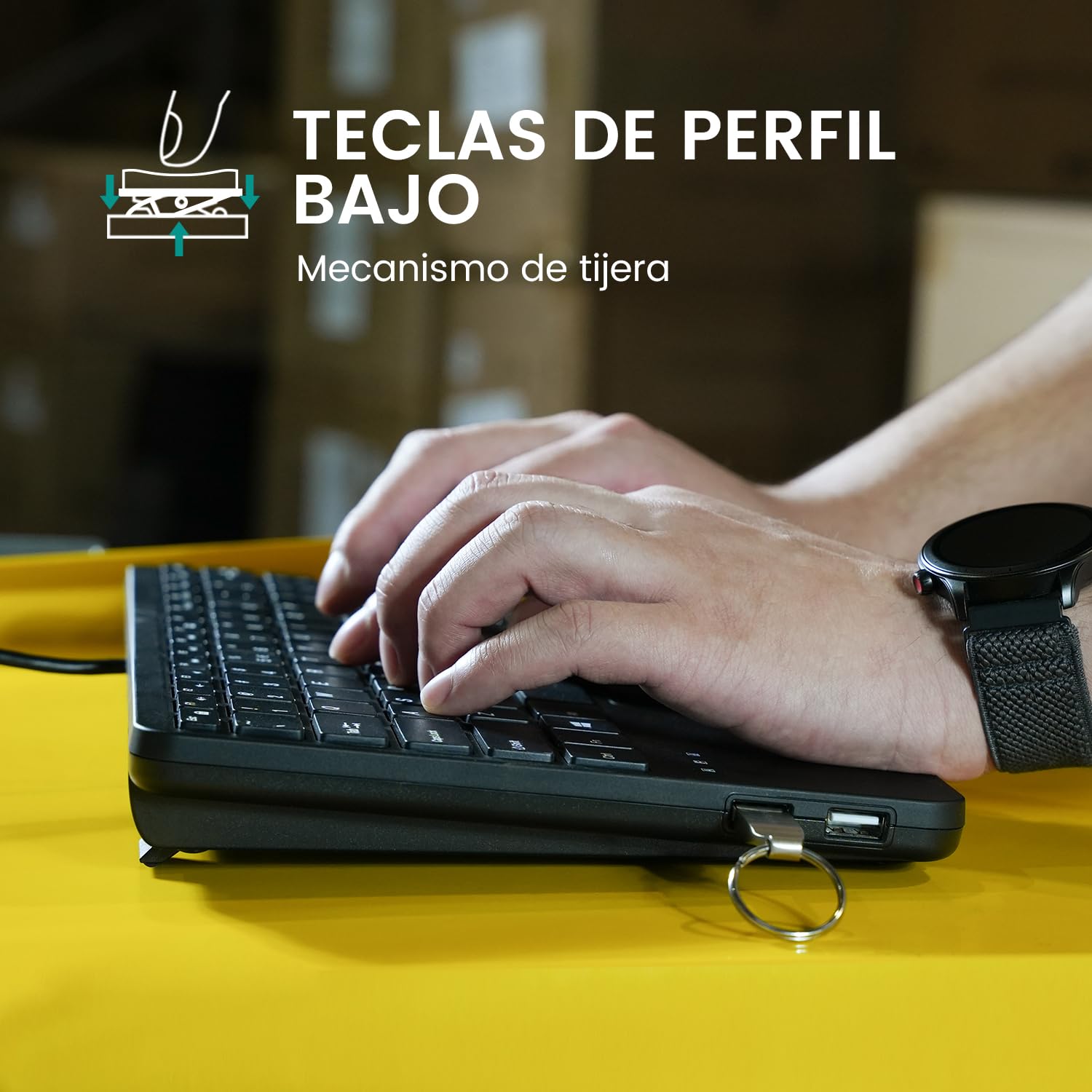 Perixx PERIBOARD-525ES, Mini cavo USB con cavo e pannello scheda - Teclas de tijera tipo X - 28 x 18 x 2,8 cm - 2 concentradores USB Integrados - Español
