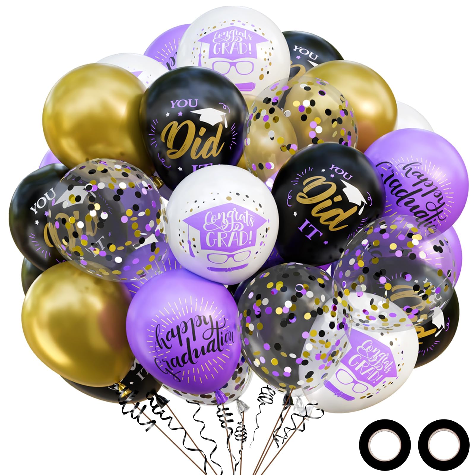 OuMuaMua 74 Pack Graduation Party Decorations Balloons Set - 12 Inch Black Purple Metallic Gold White Confetti Graduation Balloons for Class of 2026 Grad Birthday Party Decor Supplies