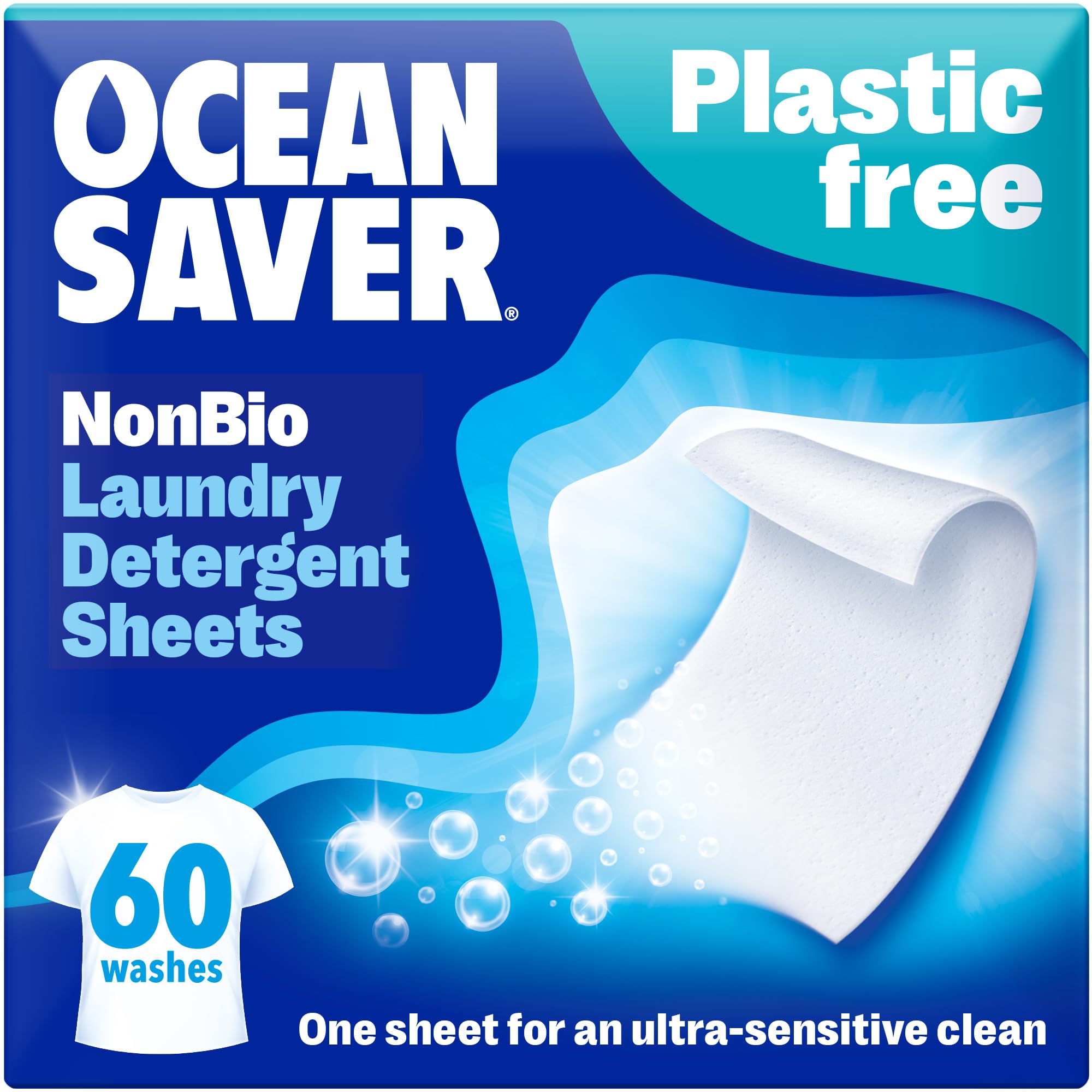 OceanSaver Eco Laundry Detergent Sheets | Non-Bio | Eco-Friendly, Biodegradable & Freshly Scented | Zero-Waste & Removes Tough Stains | Vegan, Plastic & Cruelty-Free | Plant Based Formula (60 Washes)