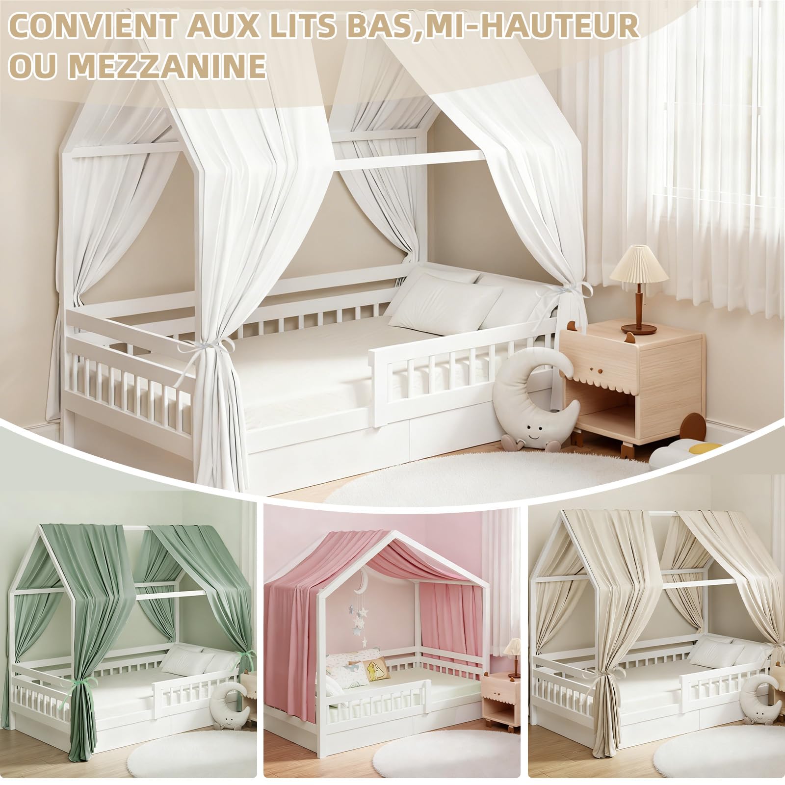 GFCC Ciel de Lit Cabane Ensemble de Décoration avec 2 Pièces Rideaux Lit Cabane Enfant Baldaquin Ciel en Tissu de Maison Chambre pour Fille Garçon,62 x 270 cm Camel