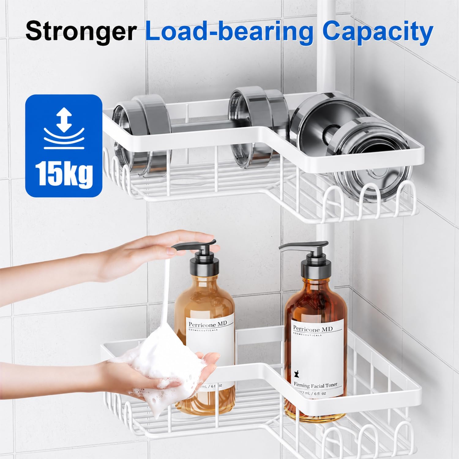 Mensola telescopica per doccia senza fori, organizer per bagno, scaffale telescopico a 4 livelli, mensola angolare per shampoo, per doccia, mensola da bagno, regolabile in altezza, 56-304 cm, bianco