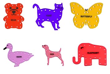Plastic Lacing Animal Shape Learning Kit Activity Montessori Manipulative Resources Sewing Toy Set of 6 Pcs for Kids with Colorful Shapes and Laces