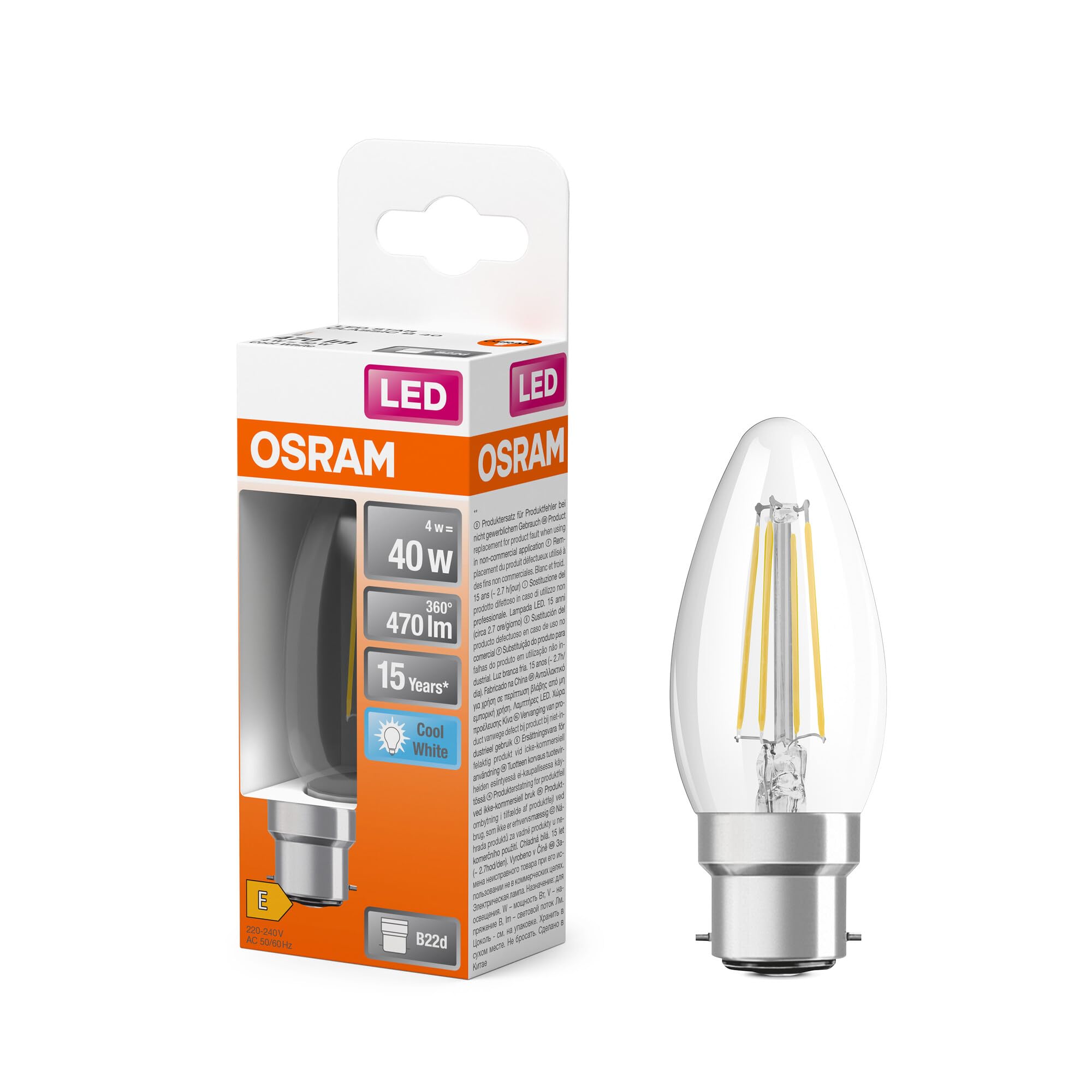 OSRAM LED Star Classic B 40 Lampe mit LED-Filament-Technologie in klassischer Minikerzenform, kaltweißes Licht bei 4000 K, 4 W / 470 lm, bleifreies Klarglas, B22d Sockel, EEK E, 35 mm Durchmesser