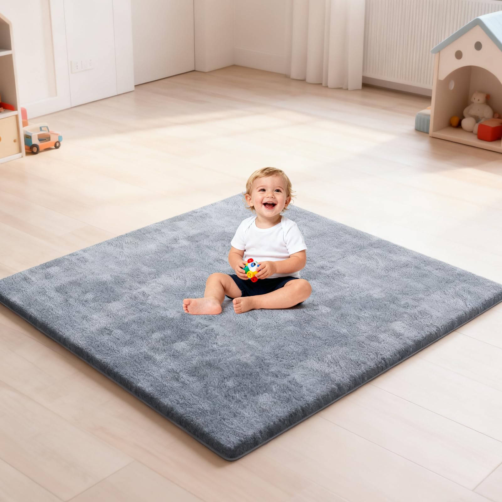 omzer Baby Play Mat for Floor - Foldable Playpen Mat with Removable Coth Cover - Soft 1.3'' Thick Non Slip Crawling Pad - Easy Storage & Travel (Light Grey, 47''x 47'')