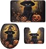 FOR U DESIGNS Soft Non Slip Absorbent Bath Mat Set Black Cat Pumpkin Print Halloween Decoration 3 Piece Toilet Lid Cover for Bathroom U Shape Toilet Rug Washable