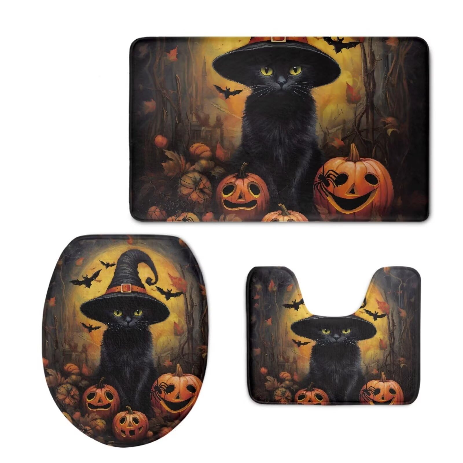 Tapis De Bain Halloween - Motif Fantômes Et Chats Noirs, Antidérapant, Doux, 40x60 Cm