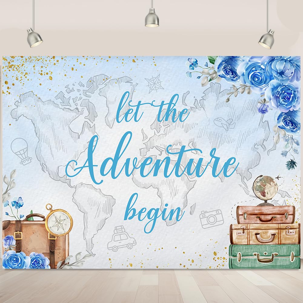 Adventure Awaits Backdrop World Map Travel Theme Adventure Backdrop for Photography Let The Adventure Begin Backdrop Blue Flowers Luggage Adventure Party Background Decorations Banner 5x3Ft