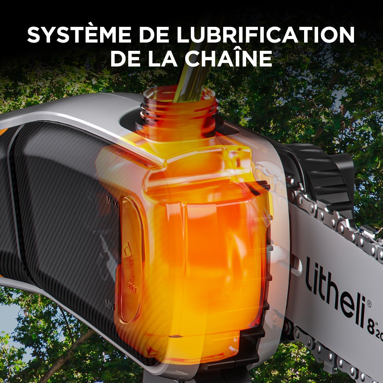 Litheli Élagueuse sur Perche avec Batterie U20-PS, Tronconneuse a Perche pour la Coupe et L’élagage des Branches (2,0Ah, Vitesse de Chaîne 8 m/s, Lame 20 cm, Accessoires Inclus)