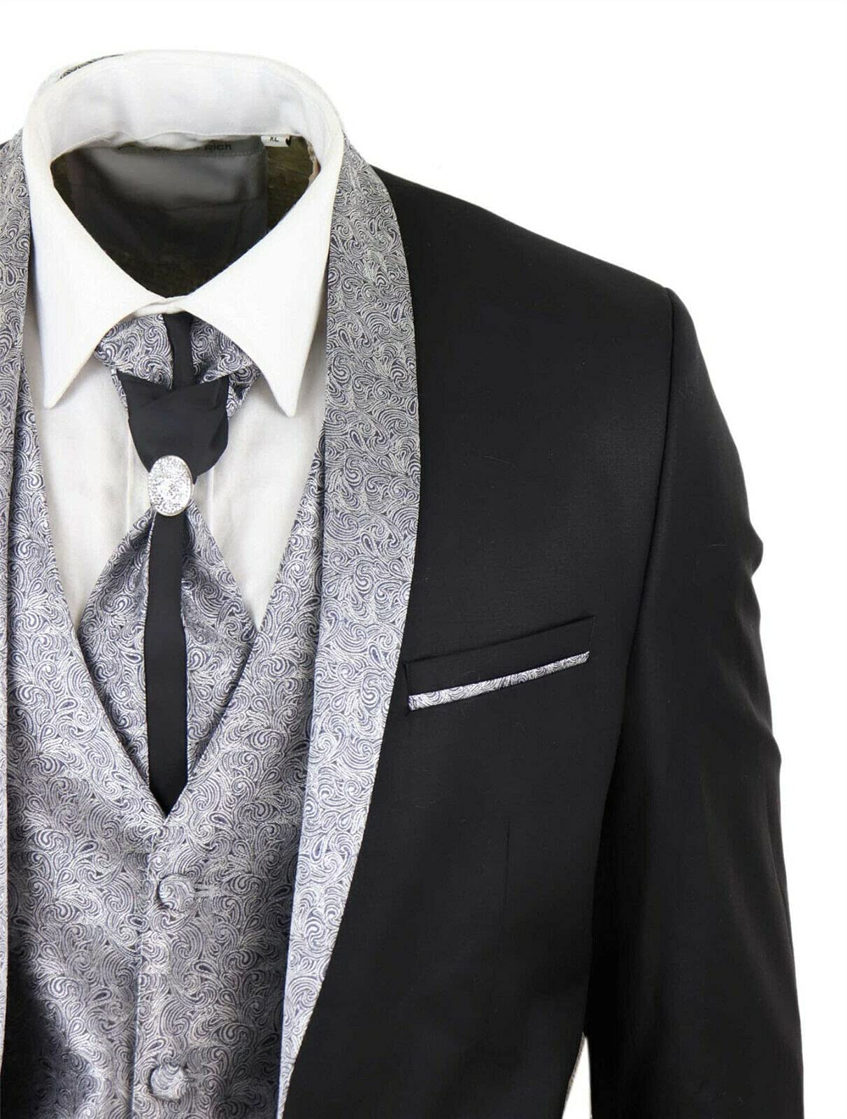 Tru Clothing Abito Completo Nero da Sposo con Chiusura a 2 Bottoni in 4 Pezzi con Colletto a Scialle e Cravatta, vestibilità su Misura, Stile Classico