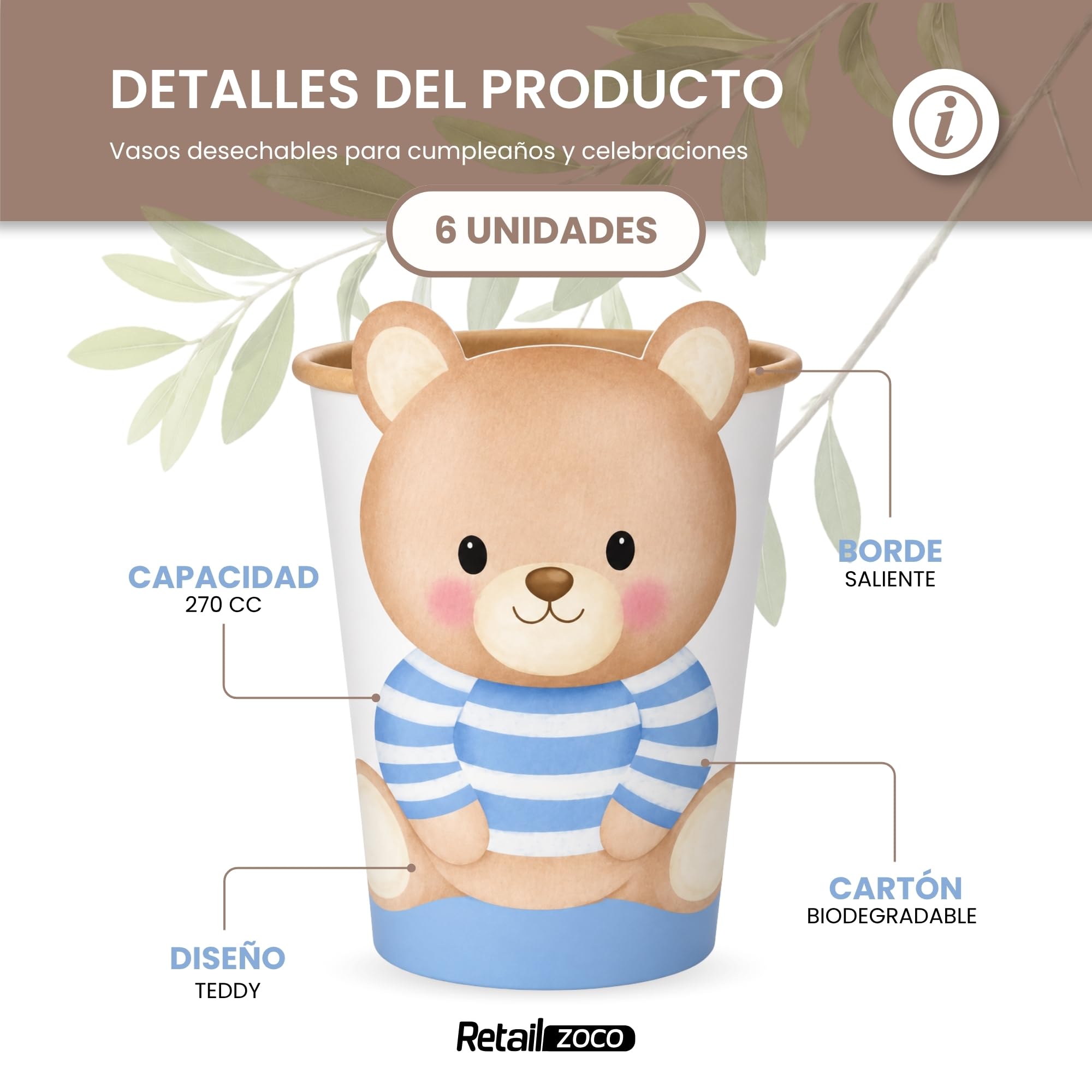 Vasos Cumpleaño, Vasos Desechables cartón, Diseño Osito Azul, 6 Unidades - imagen 2