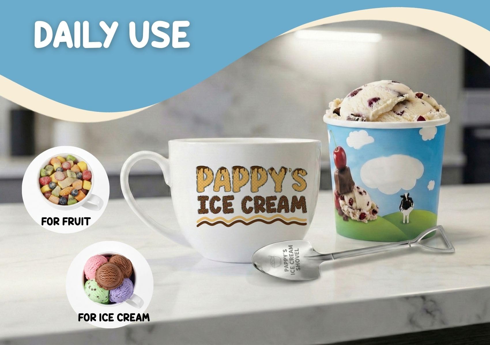 InnoBeta Pappy Gifts, Fathers Day Gift Ice Cream Bowl Scoop Shovel Spoon Set, Pappy Ice Cream Gift from Grandkids Grandchildren, Ideal Xmas Birthday Father's Day Grandpa Present