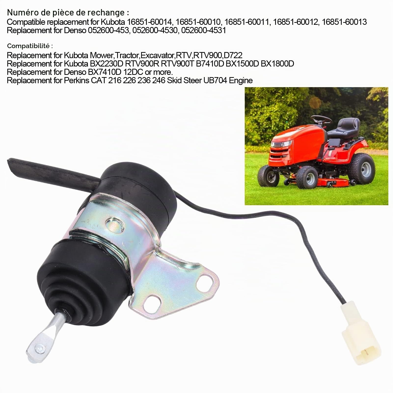 Solénoïde d'arrêt, solénoïde d'arrêt de carburant, 16851-60014 Remplacement pour Kubota BX2230D RTV900R RTV900T B7410D BX1500D BX1800D