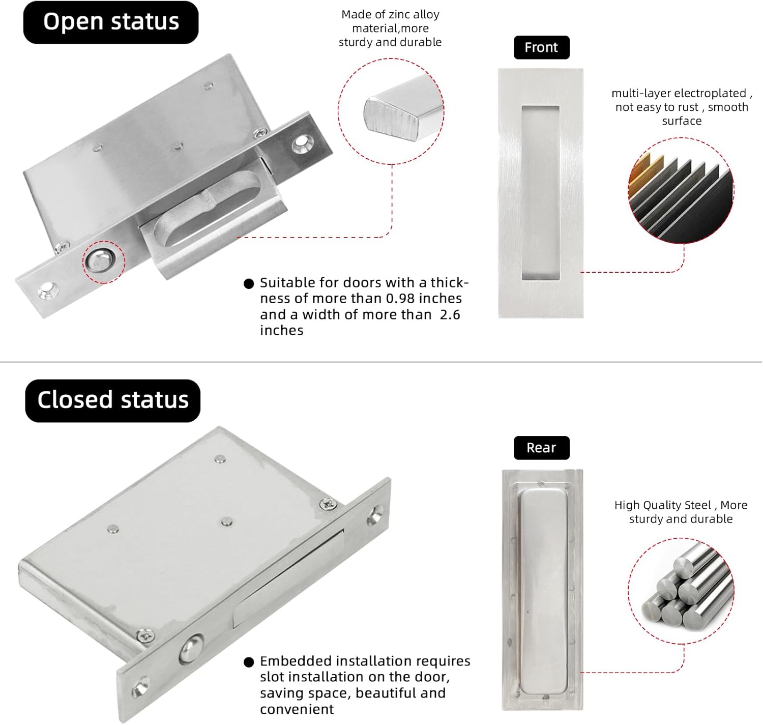 Pocket Door Edge Pull and Recessed Finger Flush Pull（4.72inch）,Hidden Door Handle,with Push Automatic Bounce Switch,Fit for Pocket Door,Sliding Door,Barn Door Handle Hardware,Silvery,1 Set