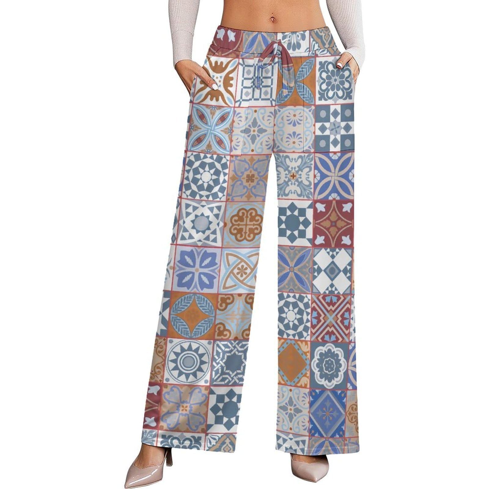 Dyale Colorful Moroccan Tile Stretch High-Waisted Wide-Leg Pants Womens Versatile Casual WearL