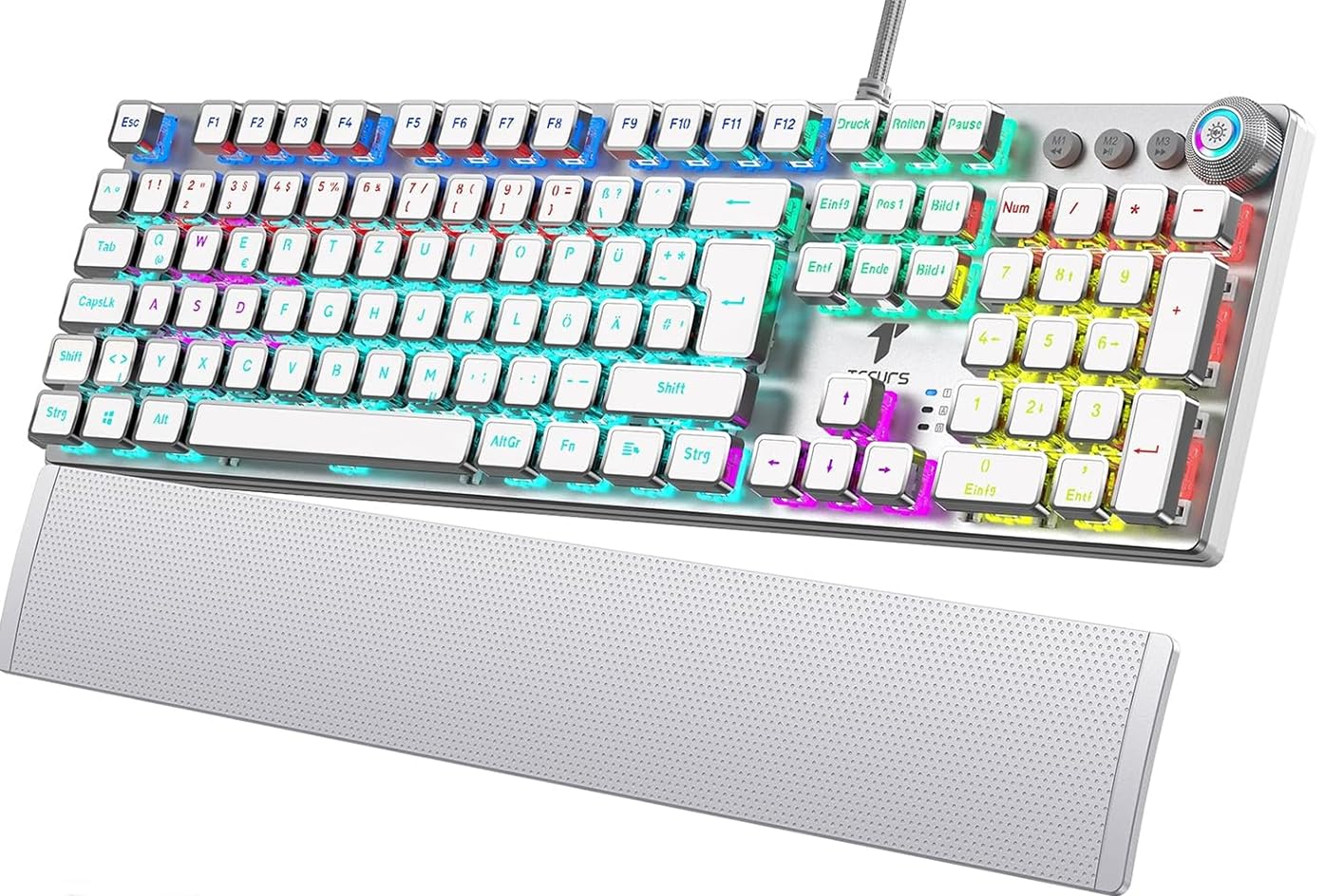 TECURS Tastiera meccanica da gioco, programmabile, con poggiapolsi magnetico, interruttore rosso, 19 modalità LED, tasti multimediali, PC con cavo, layout QWERTZ DE, bianco