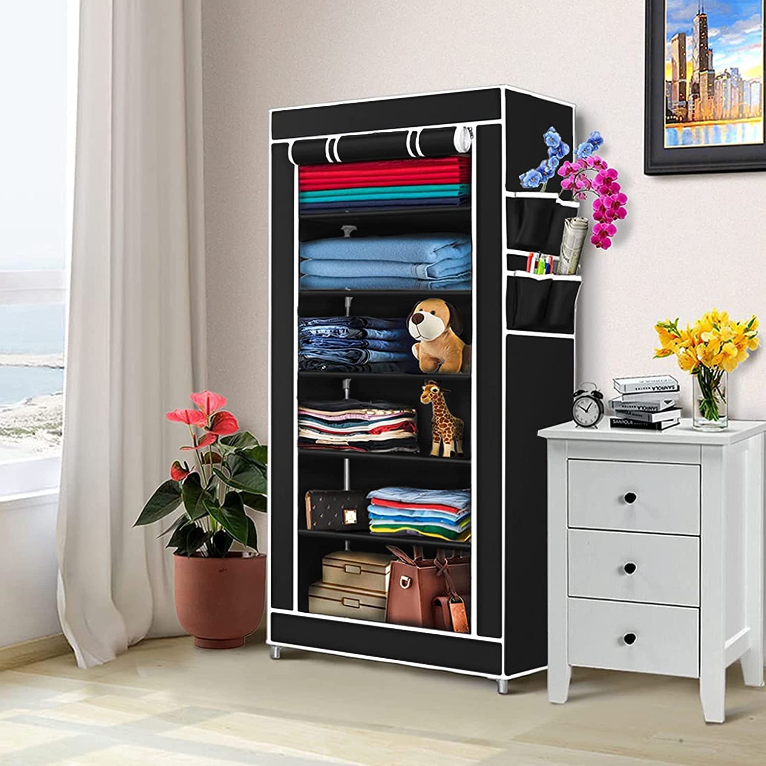 Zemic Multipurpose Baby Wardrobe/Cabinet/Multipurpose Storage Rack, Foldable, Collapsible Fabric Wardrobe Organizer for Clothes ^ 6 Shelve, Black