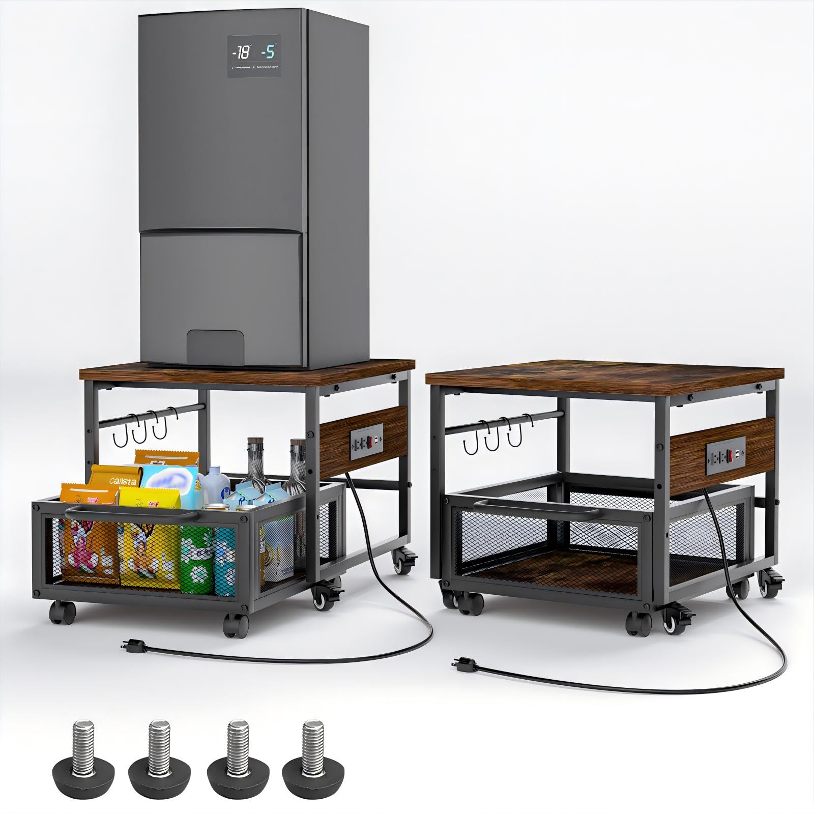 Mini Fridge Stand with Storage and Wheels, Heavy Duty Mini Fridge Table with Power Outlets for 220LBS Refrigerator, Rolling Fridge Cart with Large