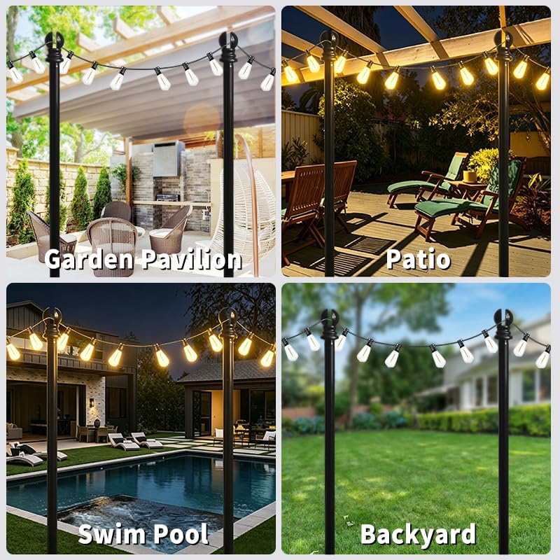 2 Pack String Light Poles for Outside, Upgraded Heavy-Duty Metal Poles for Outdoor String Lights with Fork, Accessories for Patio Decor Pergola Backyard Garden Decorations (Black)