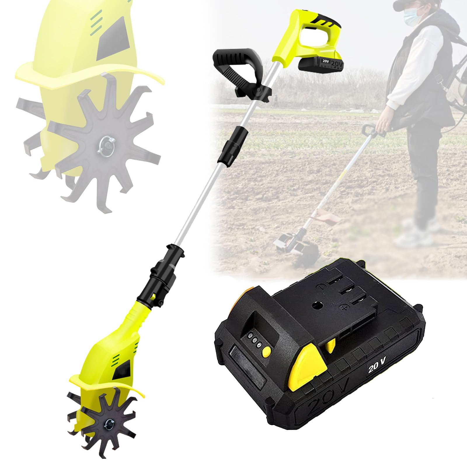 Motozappa elettrica da Giardino, motozappa da Giardino a Batteria da 20 V con Batteria al Litio da 12 Ah e Caricabatterie - Lunghezza Impugnatura Regolabile 97-127 cm