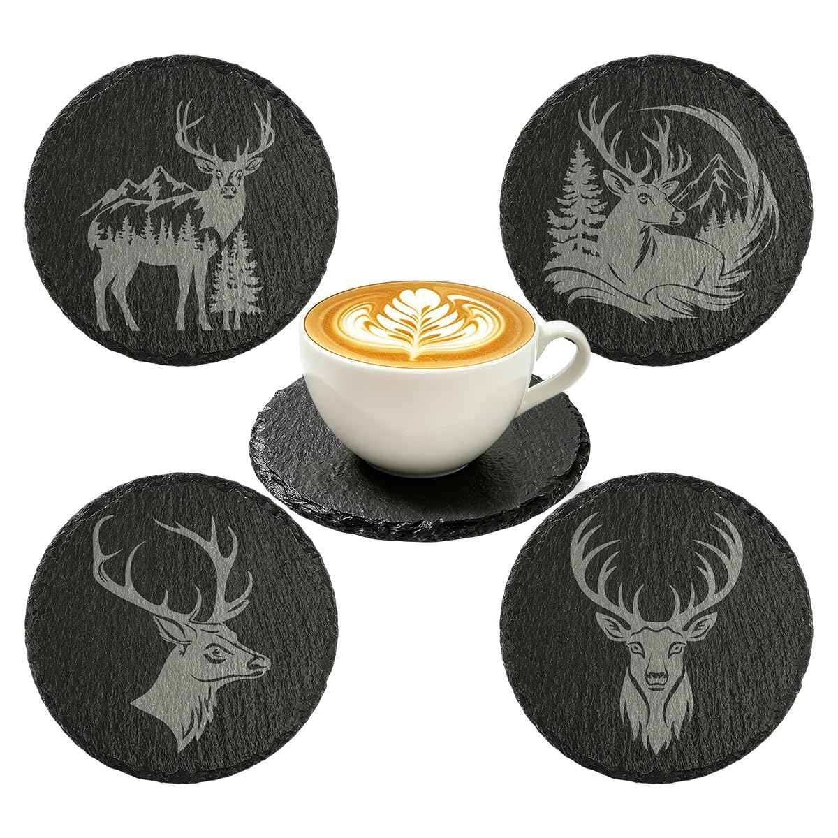 4 Pcs Slate Coasters with Deer Pattern, Round Anti-Slip Coasters Set of 4, Black Rock Cup Mats for Drinks Coffee Juice, Heat Resistant Pads, Housewarming Gift, Stag Gifts for Women, Wife, Deer Lovers