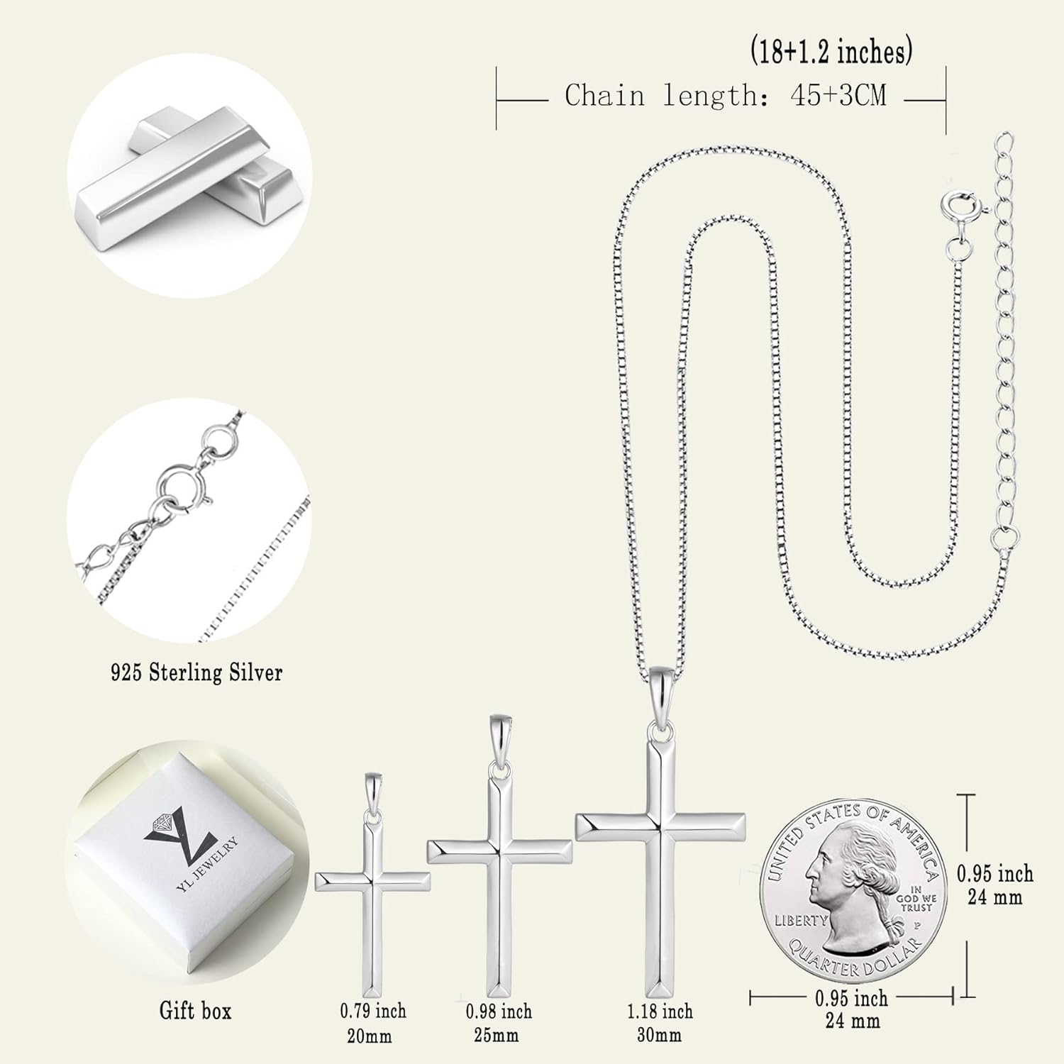 YL Cross Necklace for Women Sterling Silver Plain Cross Pendant Necklace High Polished Jewelry for Men (0.79"- 1.18") - Image 6