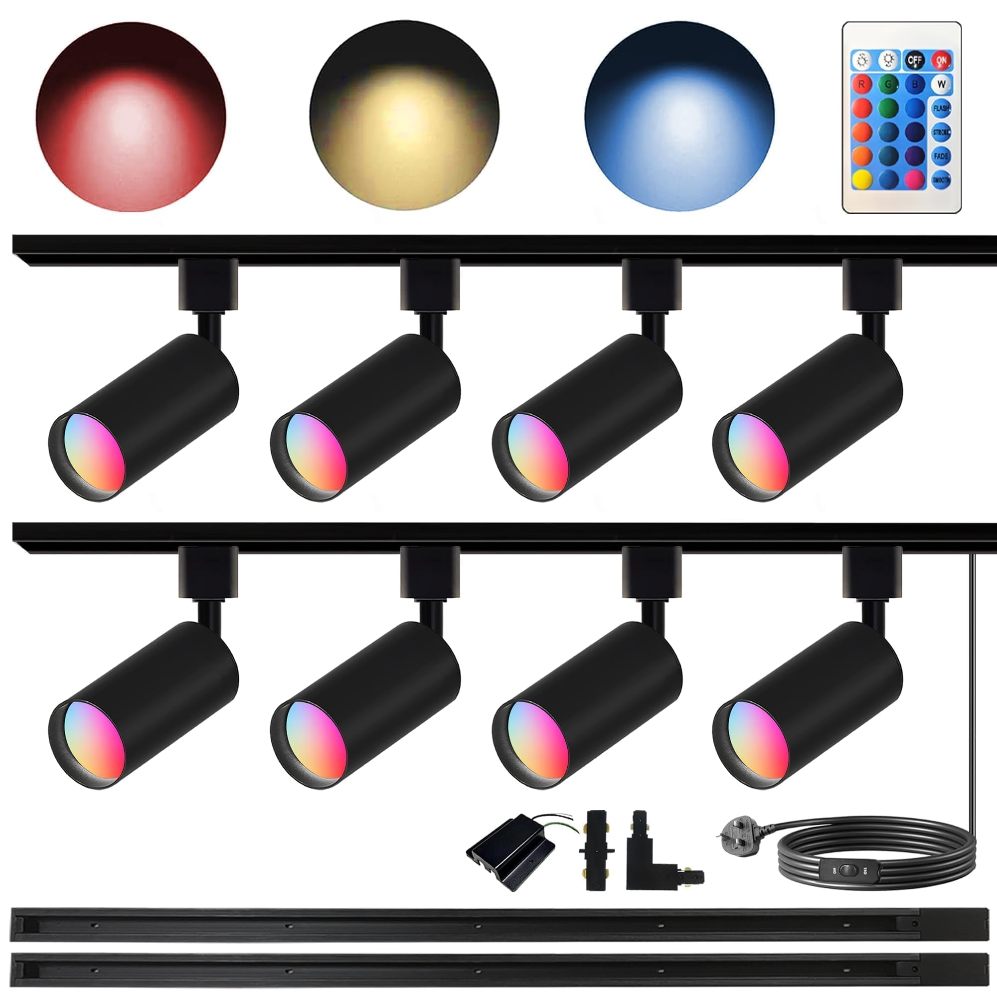 Kit d'éclairage RGB GU10 16 couleurs rail lot de 8 projecteurs à changement de couleur H 2x1,5 M, éclairages sur rail IR pour salon, fêtes à domicile, boîtes de nuit