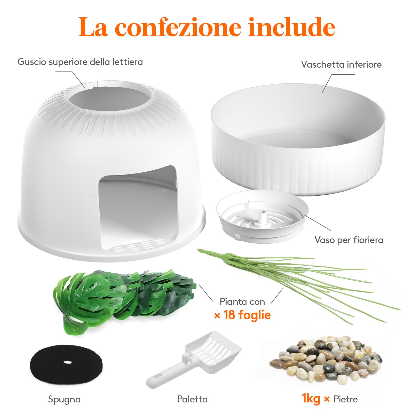 Lifewit Lettiera Gatto con Deodorante e Filtro a Carboni Attivi, Toilette per Gatti per Soggiorno, Camera da Letto e Angoli, Lettiera a Forma di Vaso con Pianta Finta e Paletta, 48 x 120 cm, Bianco