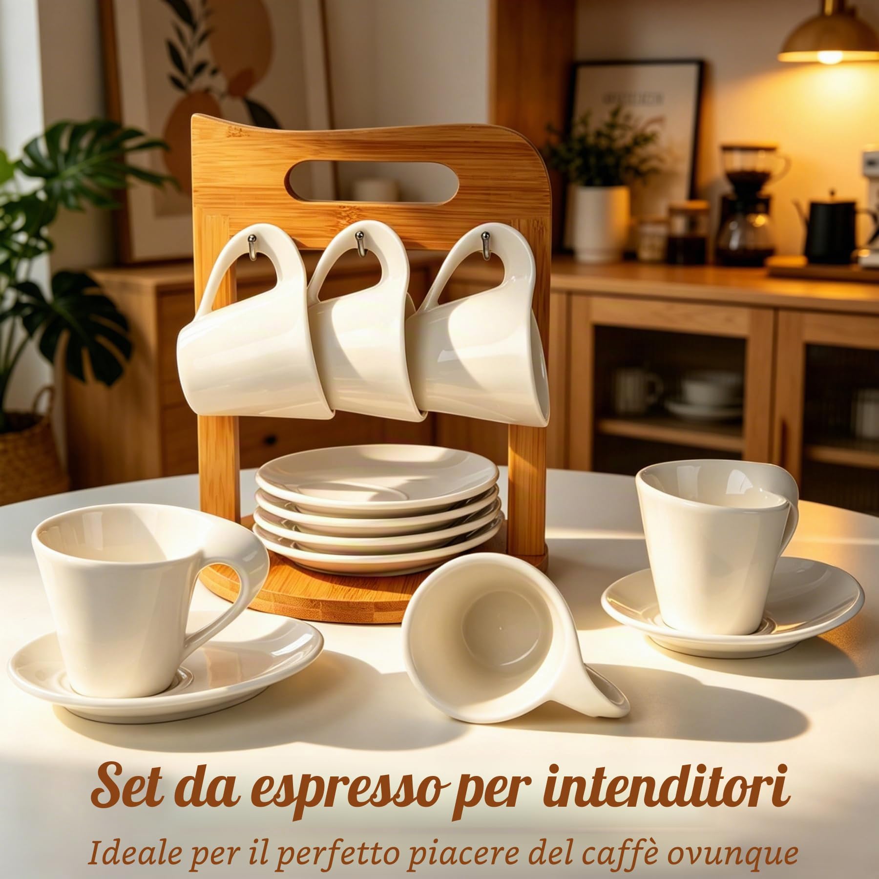 Set di 6 tazze da caffè con piattini su supporto, porcellana, 80 ml, set di tazze da caffè espresso, set da tè per 6 persone