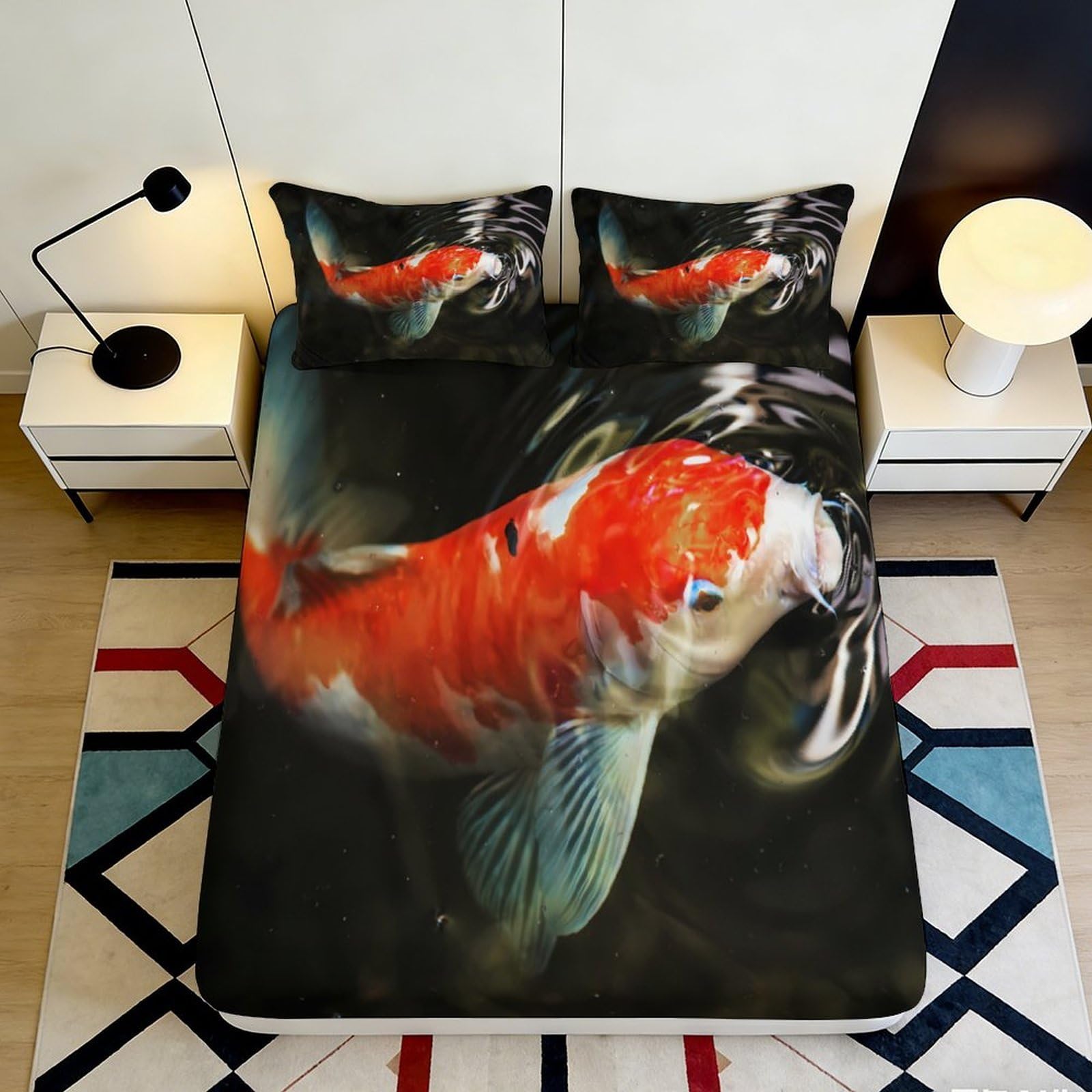 3D Printed Koi Fish Fitted Sheet Microfiber Orange Black Artistic Bed Cover for Bedroom Dorm Mattress Protection Decor 90x200x25cm