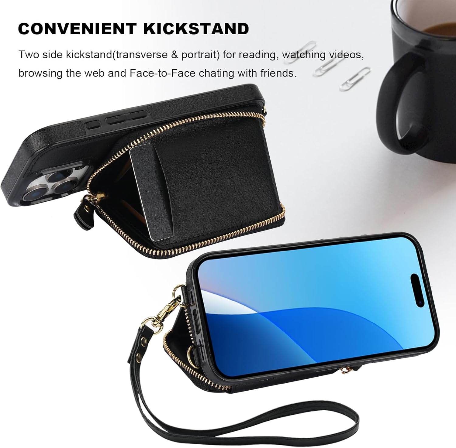 Bocasal RFID Blocking Wallet Case for iPhone 16 Pro, Adjustable Crossbody Zipper Purse Case Card Holder with Kickstand Detachable Wrist Strap, PU Leather Flip Folio Case 6.3 Inch 5G (Black) - Image 6
