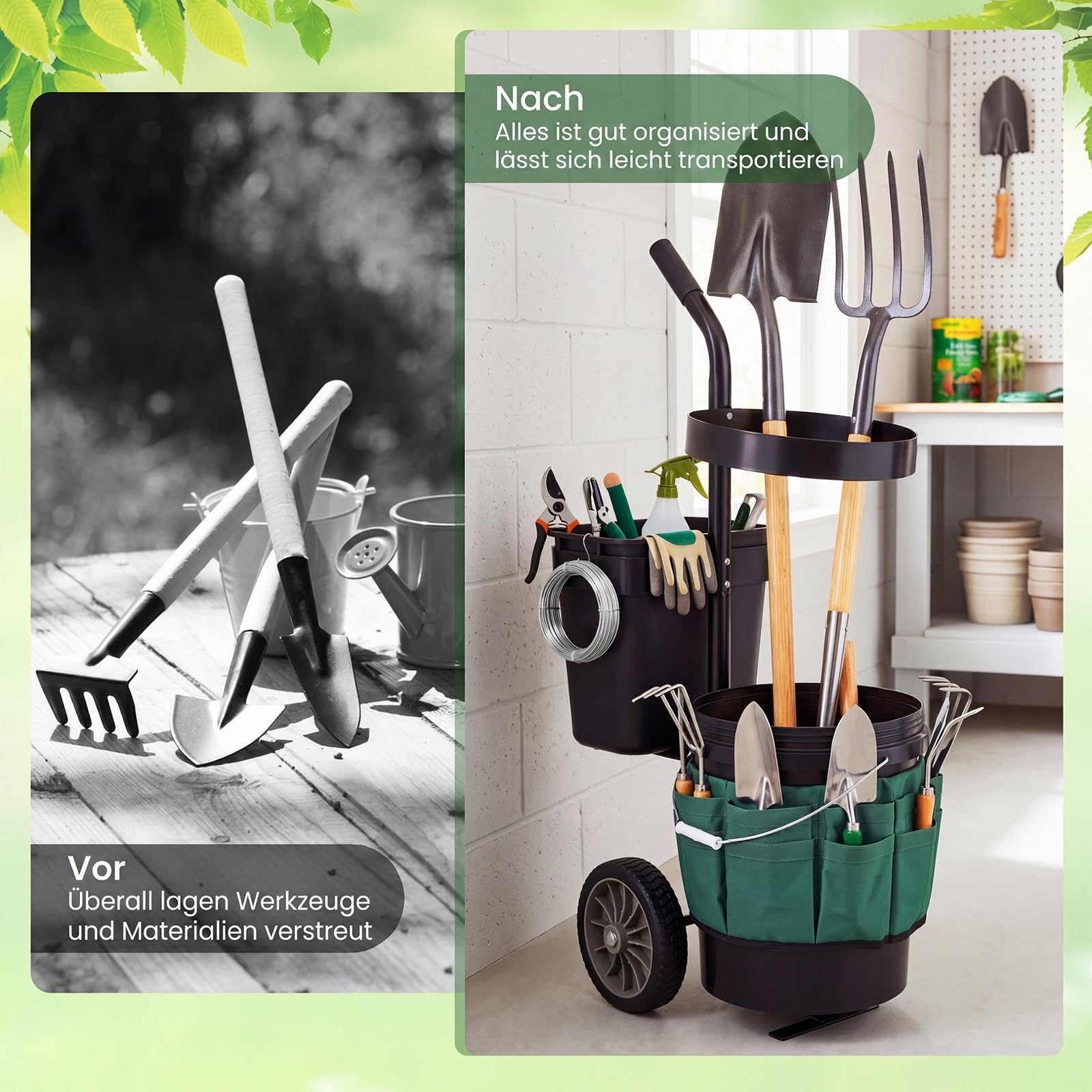 COSTWAY Gartenwagen, Werkzeugtrolley mit 10 + 20 L Eimer, Tasche aus Oxford-Gewebe, Werkzeugwagen mit Gerätehalter, Transportwagen für Gartenwerkzeug, Stahl, für Garten Keller