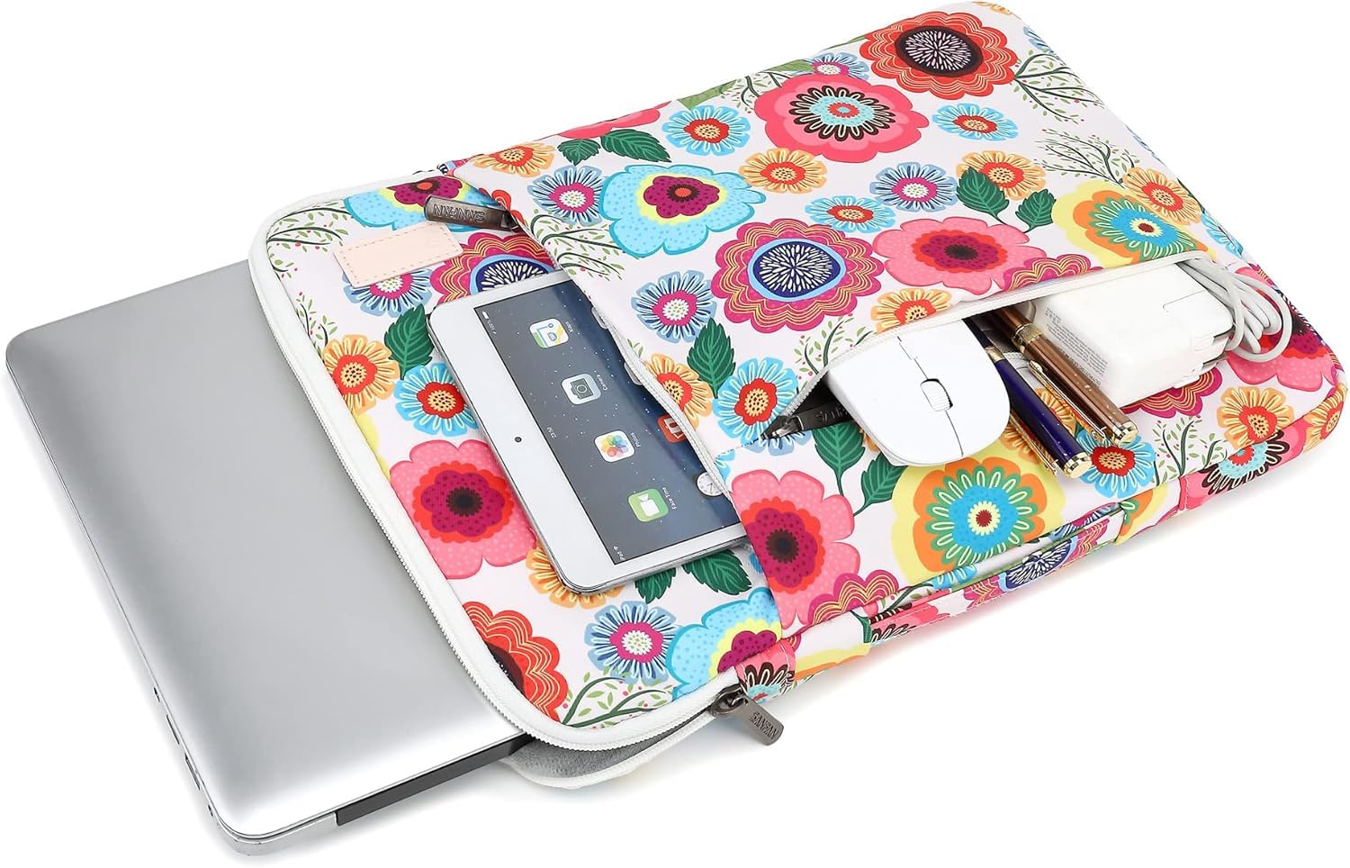 Housse de protection pour ordinateur portable 360° avec 3 poches, poignée et sangle pour bagages, motif soleil, lune et étoiles sur fond bleu marine