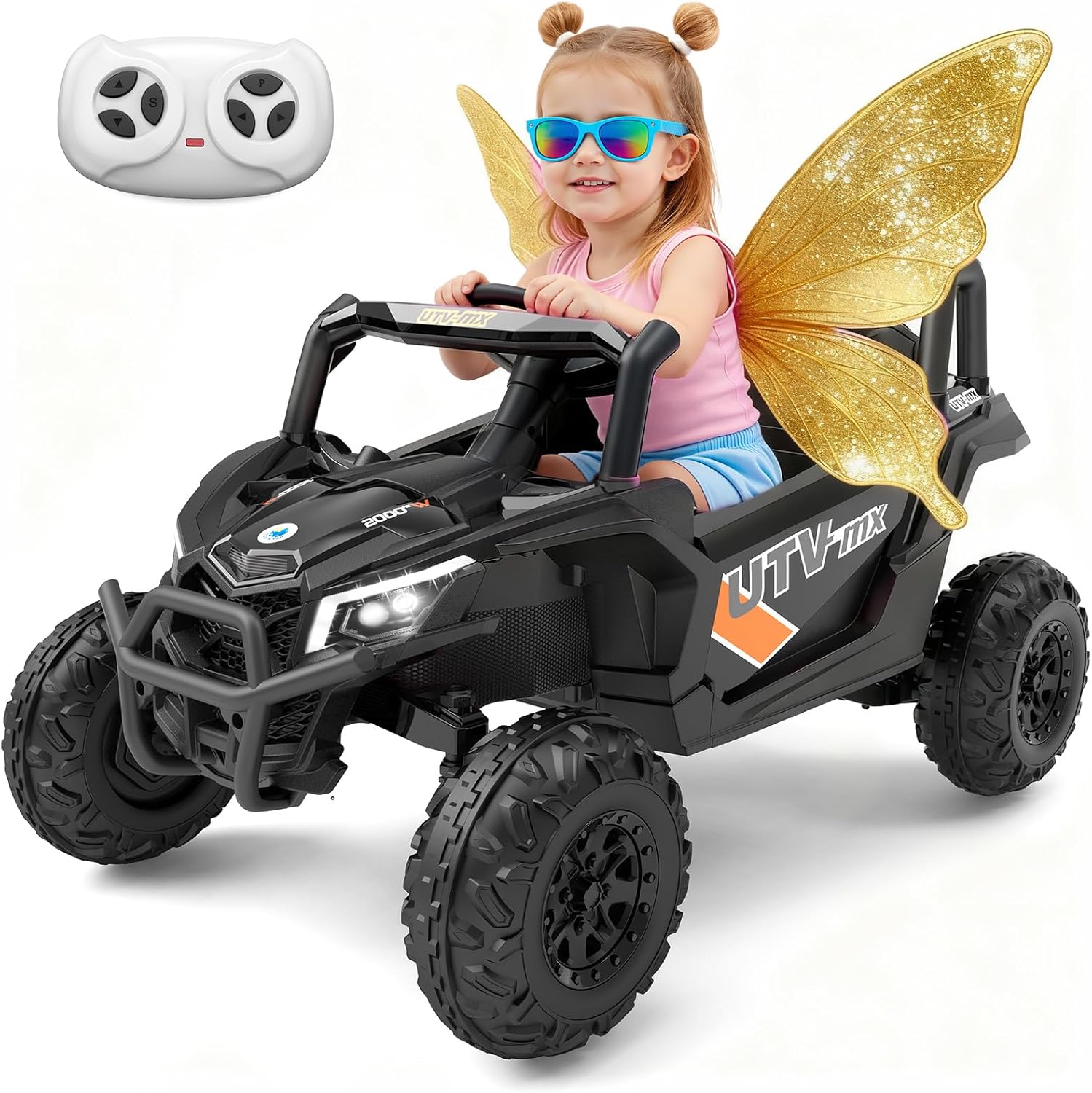 12V Ride on Car Truck, Power Wheels with Parent Remote Control, Shock Absorbers, Bluetooth, Music, Led Lights, Ride on Toy for Kids Ages 3-8, Black UTV for Boys