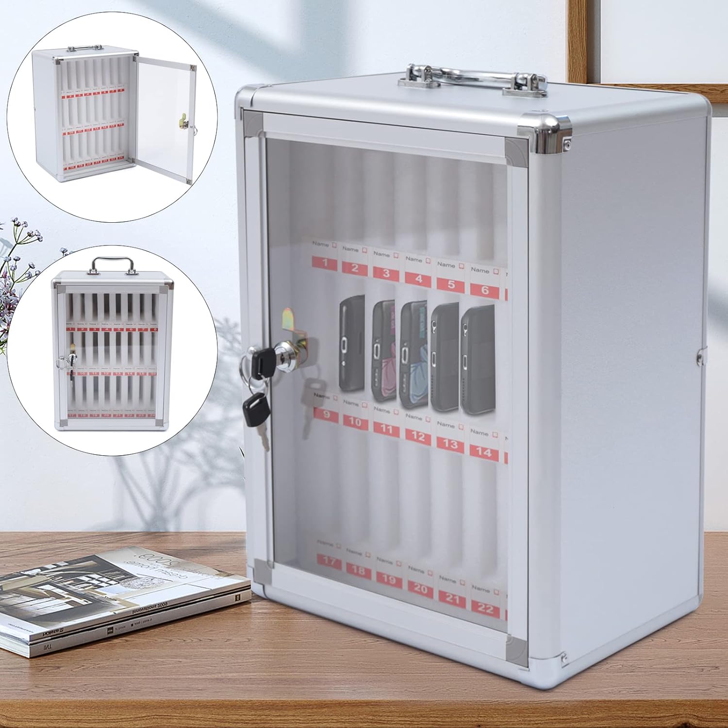 24 Slots Aluminum Alloy Cell Phones Holder Storage Cabinet, Pocket Chart Desktop Storage Locker Box with Security Lock & Portable Handle & Handwritten Tags, for Classroom Office (24 Slots)