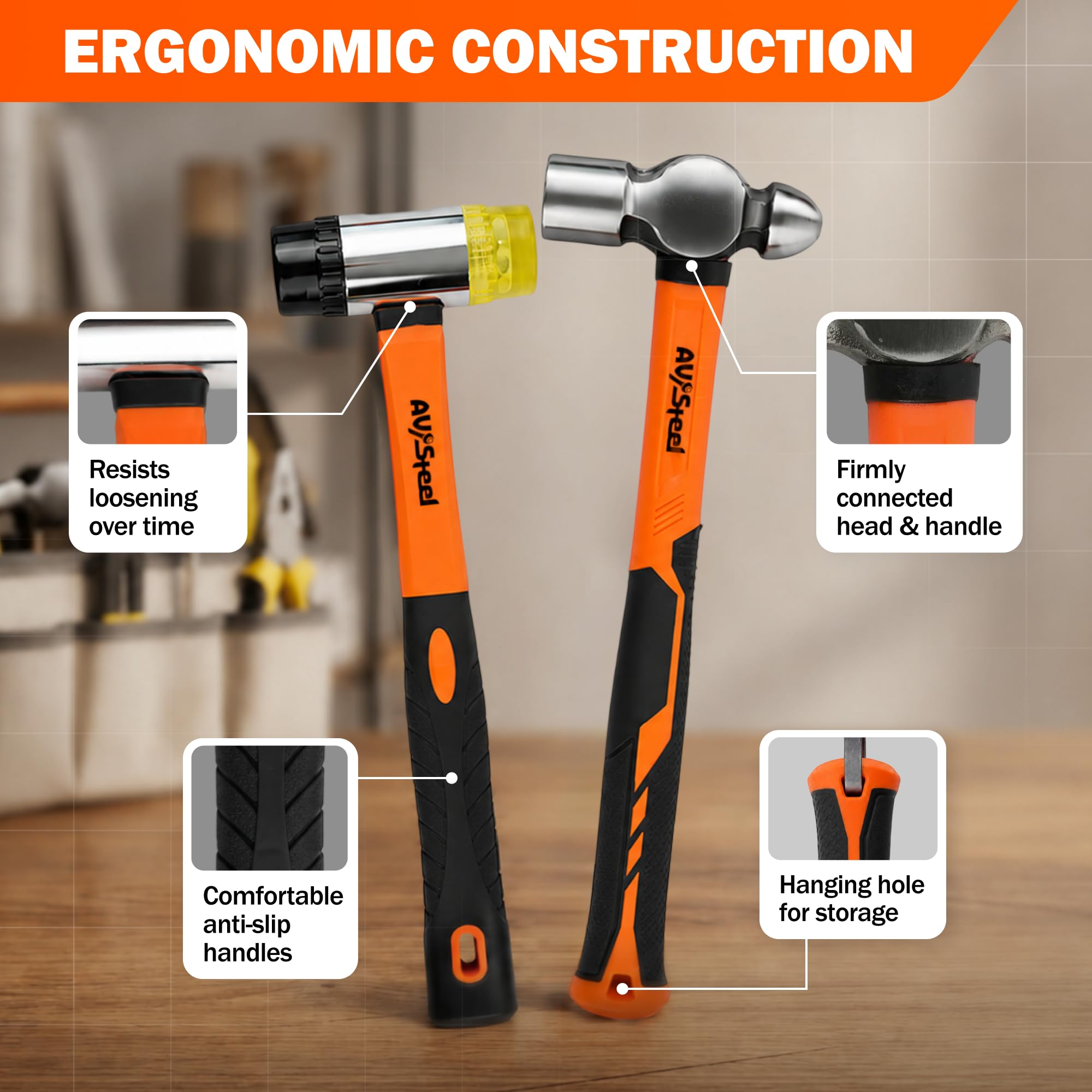 AV Steel 5er-Pack Schlägelhammer-Set – 907 g Gummihammer, 33 mm doppelseitiger Schlägel, 473 g Klauenhammer, 473 g Kugelhammer, 1,4 kg Schlitten und Handschuhe für Heimwerker und Reparaturen zu Hause