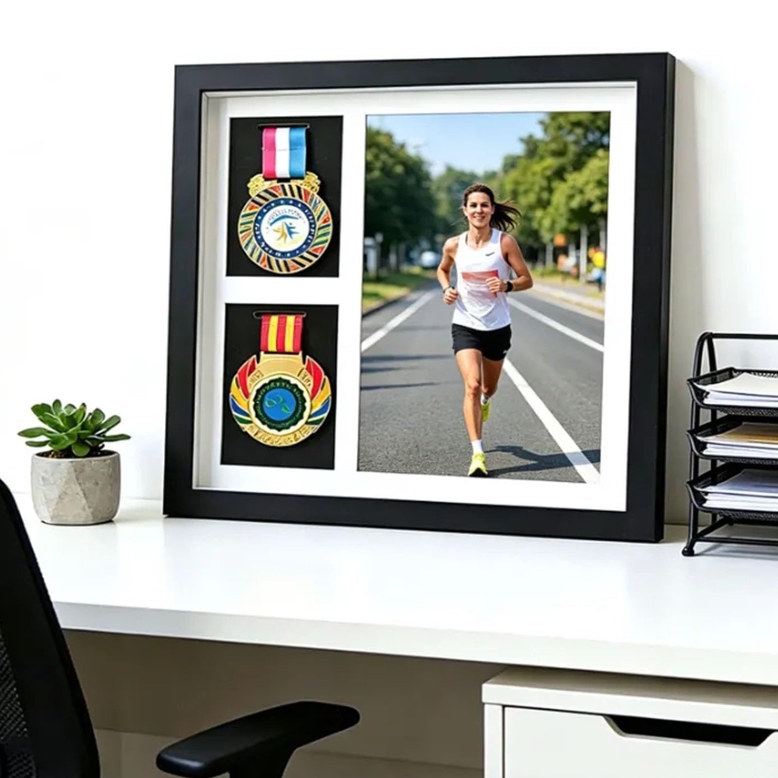 Boîte d'ombre pour médailles - Présentoir de médailles de marathon - 2 médailles et photos - Pour récompenses militaires, triathlon et tous les sports - Noir - A4