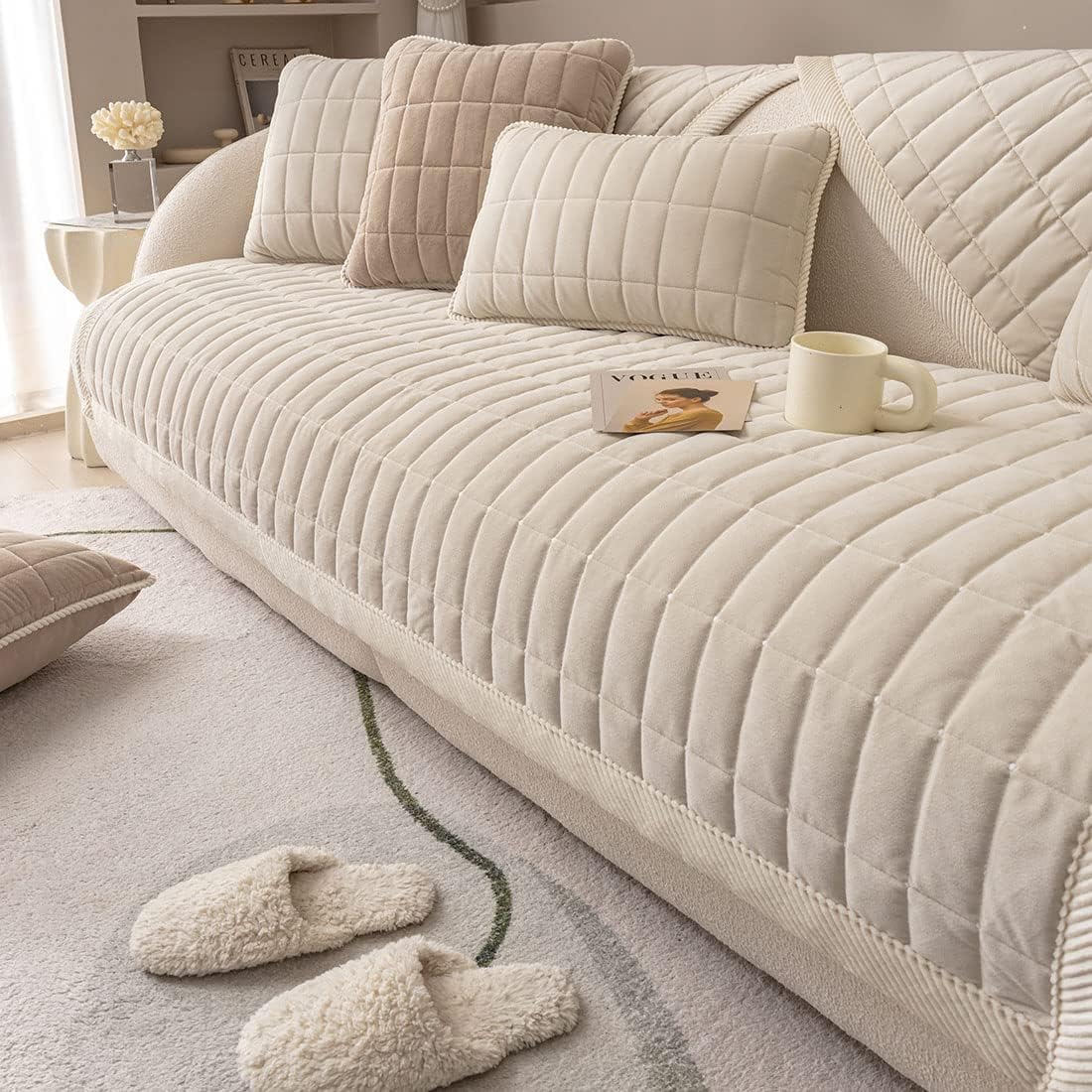 vctops Velvet Plush Plaid Quilted Sofa Cover Super Soft Non Slip Sectional Couch Cover Farmhouse Fluffy Fuzzy Sofa Slipcover Furniture Protector for Dogs Cats Pet (Cream,28"x59")