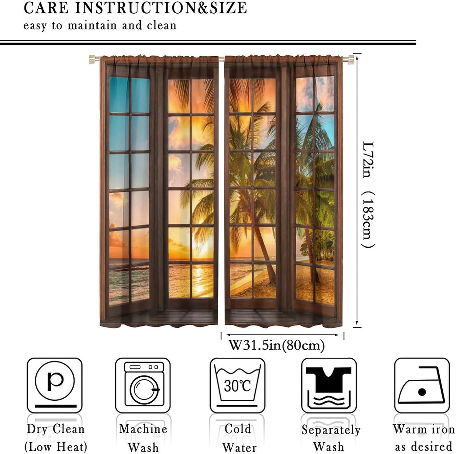Landscape Curtains,Beach Sea Coconut Trees Natural Landscape Rustic Window Curtains Bedroom Living Room Kitchen Cafe 63x72in