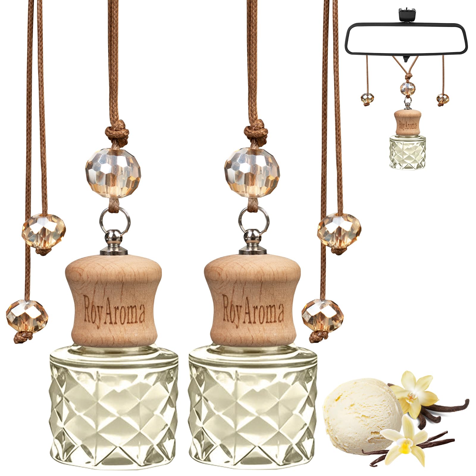 RoyAroma Hanging Car Air Freshener, 2 Pack Long Lasting Cars Fresheners up to 30-45 Days, Natural Fragrance Car Essential Oil Diffuser for Home Office - Vanilla Cream