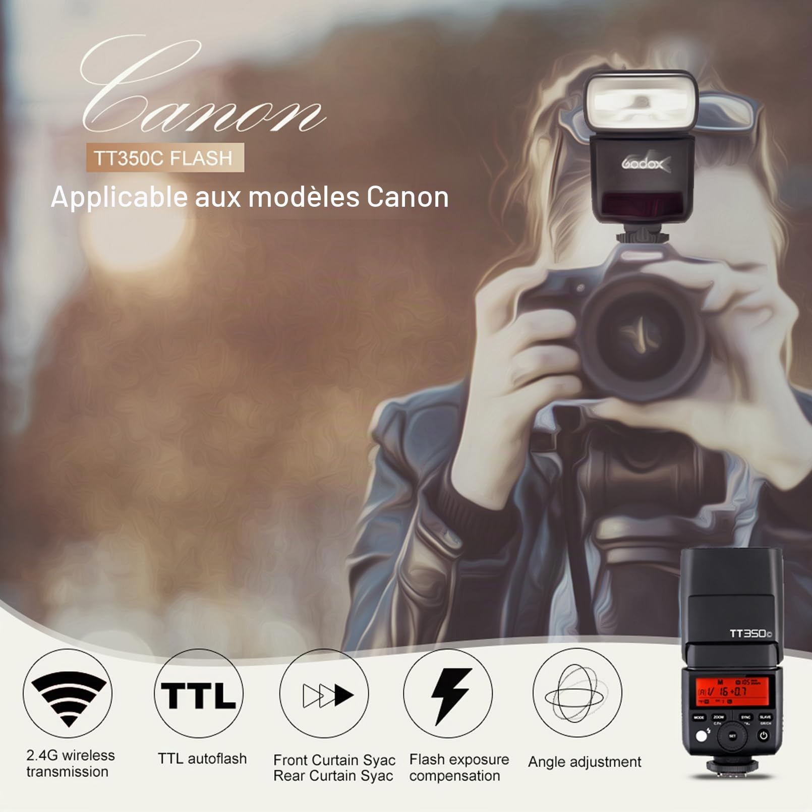 Godox TT350C Flash pour Appareils Photo Canon, 2.4G GN36 TTL Flash Speedlite HSS 1/8000s, Environ 210 Flashes à Pleine Puissance, Temps de Recyclage 0.1 à 2.2s, Externe Flashes pour Canon Caméra