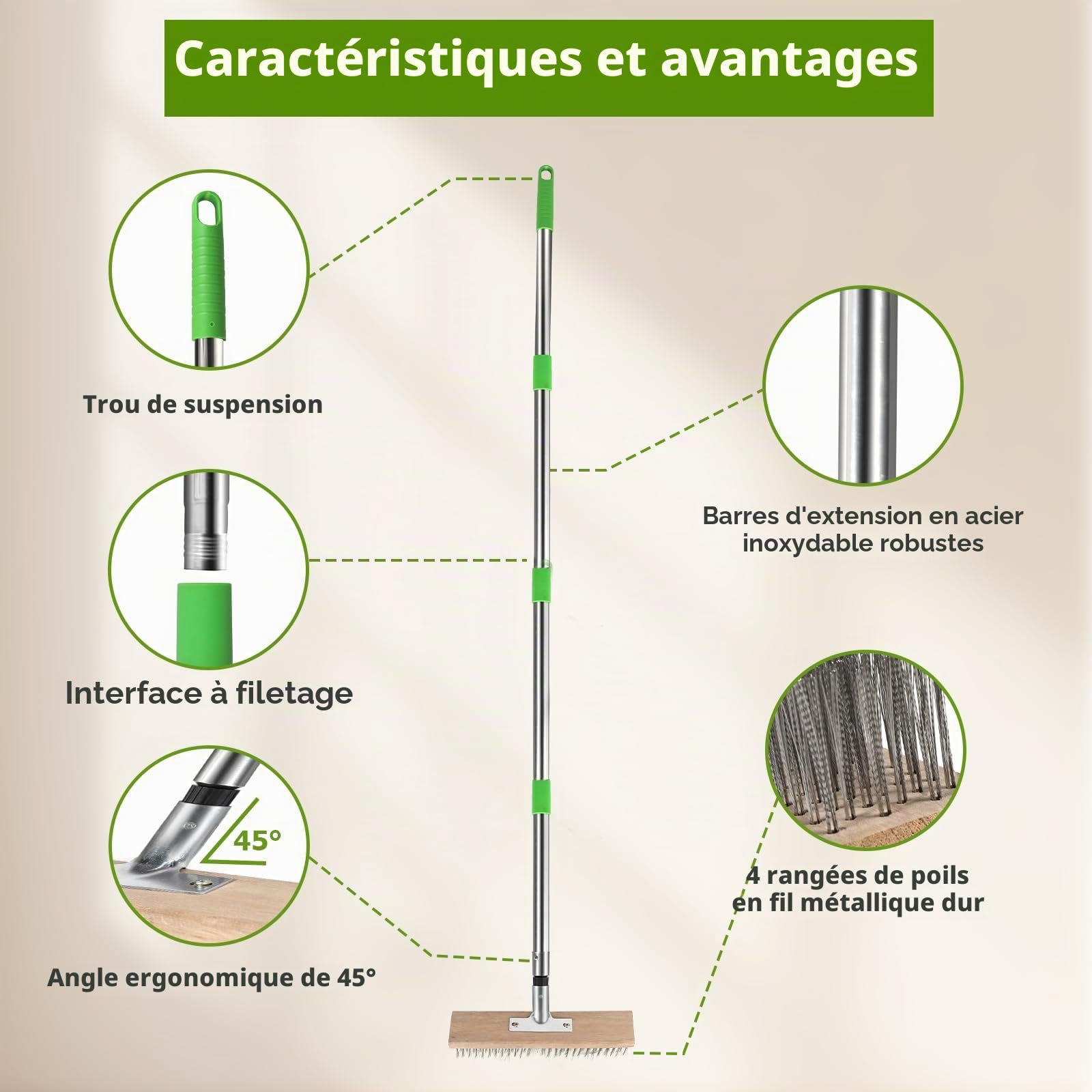 2pcs Balai métallique 30cm Brosse à balai métallique portable Balai métallique en acier avec 1 jeu manche (1,6 m) Balai exterieur pour enlever mousse du jardin, mauvaises herbes,taches tenaces