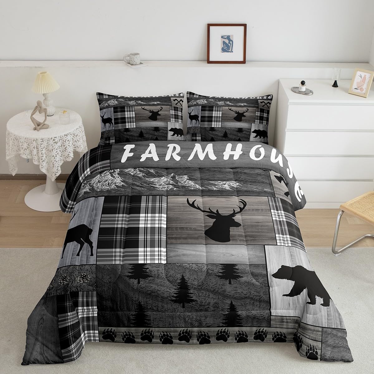 Set Copripiumino Matrimoniale 3 Pezzi LUVIVIHOME Con Alce, Cervo E Orso, Stile Bosco E Montagna