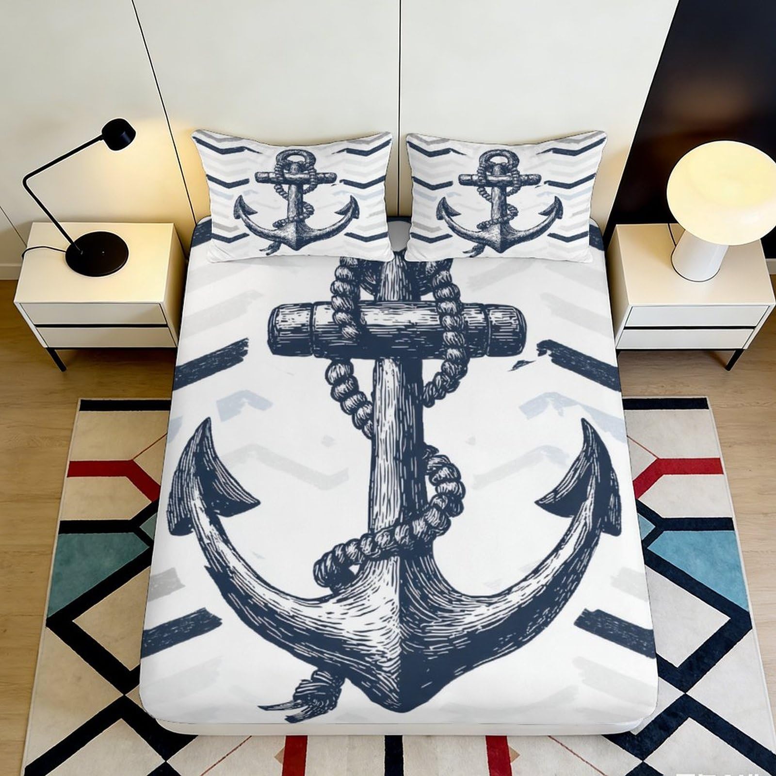 3D Printed Nautical Anchor Fitted Sheet Microfiber Breathable Maritime Rope Bed Cover for Bedroom Dorm Mattress Protection Decor 90x200x25cm