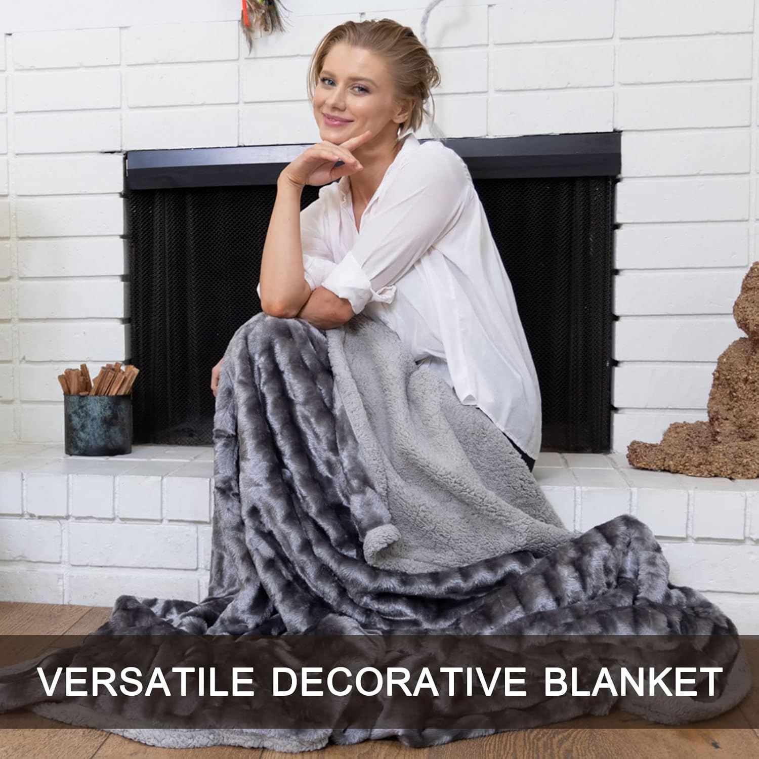 Ailemei Direct Faux Fur Throw Blanket for Couch, Fluffy Super Soft Fuzzy Blankets with Reversible Sherpa, Warm Cozy Brushed Furry Bed Blanket for Fall Winter, Luxury Plush Comfy Throw Blankets