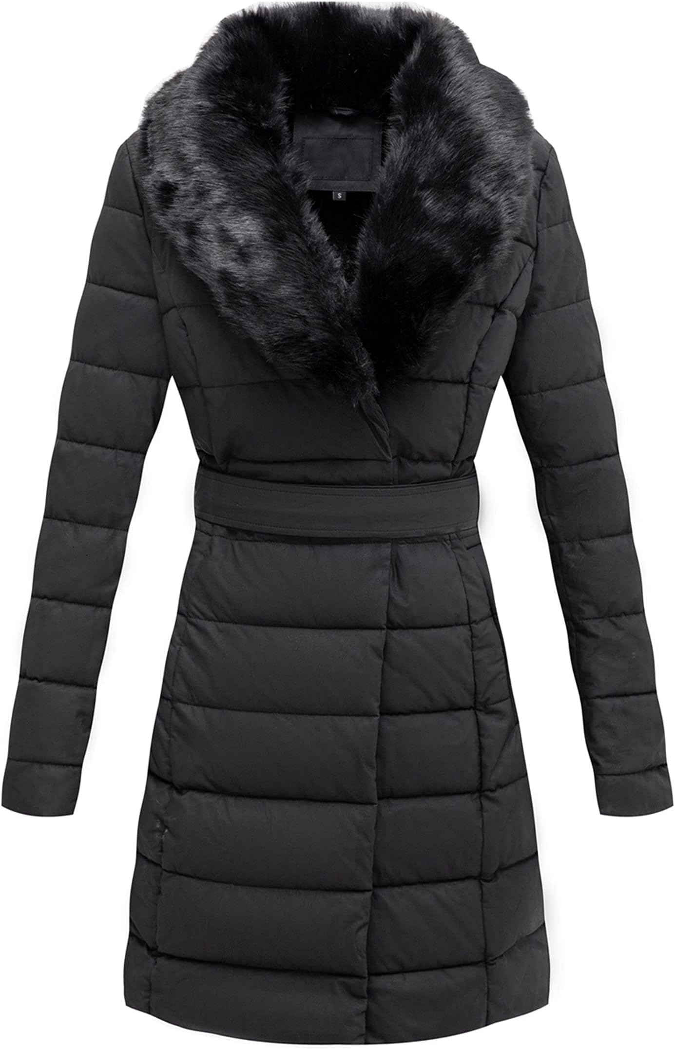 Bellivera Women's Winter Puffer Jacket Cold-Resistant Patchwork Plush Lining Coat with Removable Fur Collar Hooded and Belted