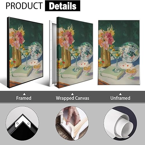 Miniatura 2 de Lienzo de cóctel retro de los años 70 con bola de discoteca y Martini, arte de pared, ramo colorido de comida, té de tarde, póquer divertido,