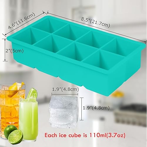 Miniatura 2 de NueZoo Bandeja grande para cubitos de hielo, paquete de 4 moldes de silicona para cubitos de hielo con tapa, 2 pulgadas, cuadrada, 8 cubos de hielo