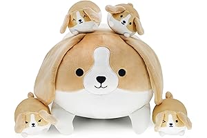 Cute Basset Hound Mommy Plush Pillow with 4 Little Baby Corgi Stuffed Animal
