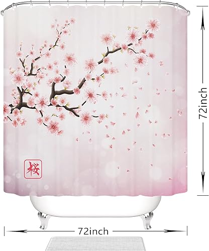 Miniatura 7 de Cortina de ducha con diseño de flor de cerezo rosa, juego de cortina de ducha japonesa Sakura floral, cortinas de ducha para baño, tela impermeable